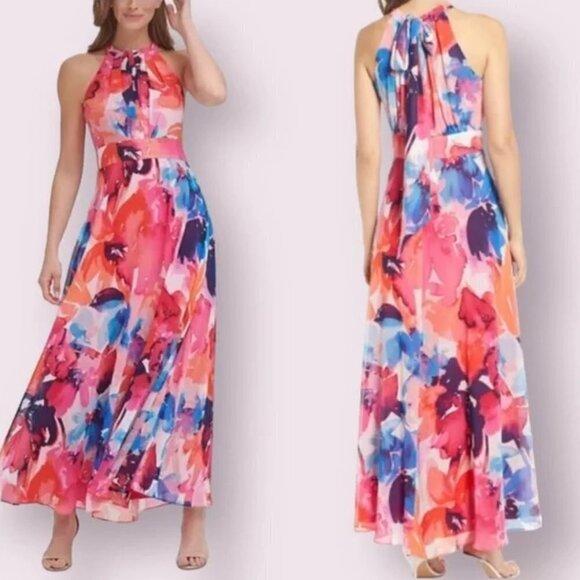 💕ELIZA J💕 Halter Neck Maxi Dress ~ Bold Watercolor Abstract Floral Print 8 NWT - Picture 4 of 16
